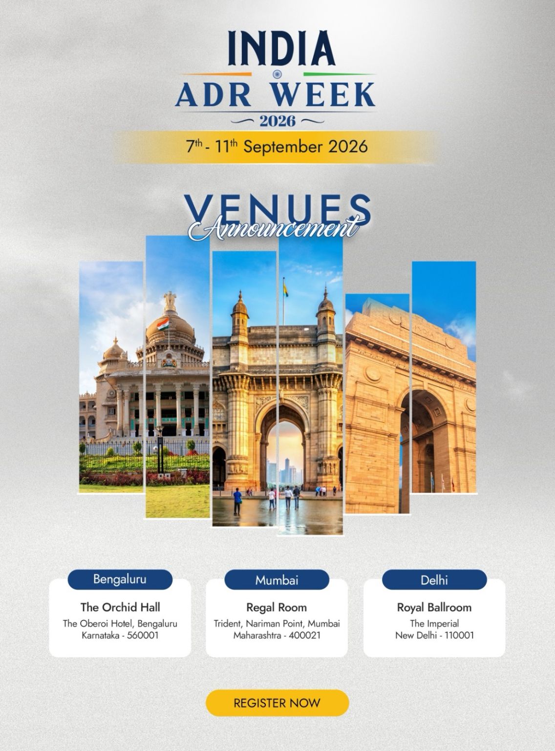 India ADR Week 2026 venue announcement for Bengaluru, Mumbai, and Delhi